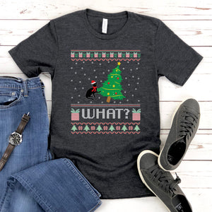 What Cat Pushing Tree T-Shirt – Funny Christmas Cat Graphic Tee
