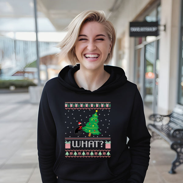 What Cat Pushing Tree Hoodie – Funny Christmas Cat Pullover