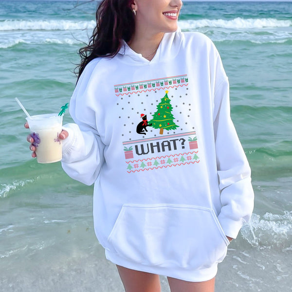 What Cat Pushing Tree Hoodie – Funny Christmas Cat Pullover