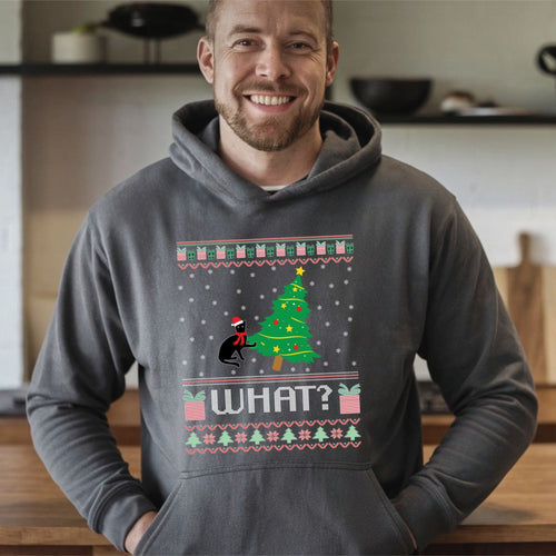 What Cat Pushing Tree Hoodie – Funny Christmas Cat Pullover