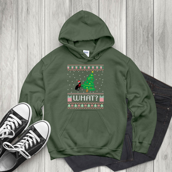What Cat Pushing Tree Hoodie – Funny Christmas Cat Pullover