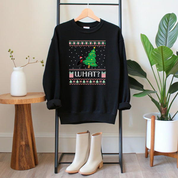 What Cat Pushing Tree Sweatshirt – Funny Christmas Cat Crewneck