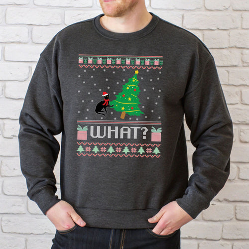What Cat Pushing Tree Sweatshirt – Funny Christmas Cat Crewneck