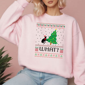 What Cat Pushing Tree Sweatshirt – Funny Christmas Cat Crewneck