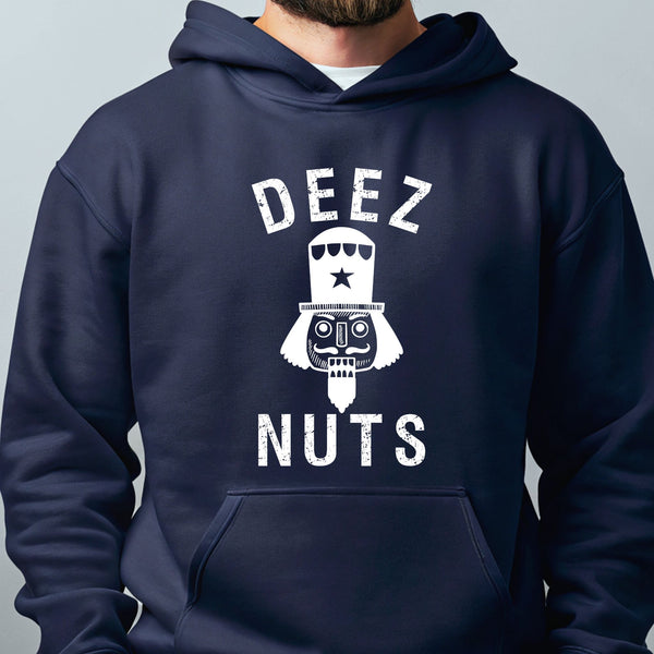 A navy blue hoodie with a white graphic design that says "DEEZ NUTS" printed on it.