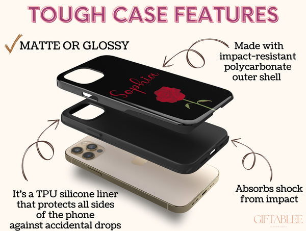 Personalized Rose Phone Case – Custom Name & Single Red Rose on Black