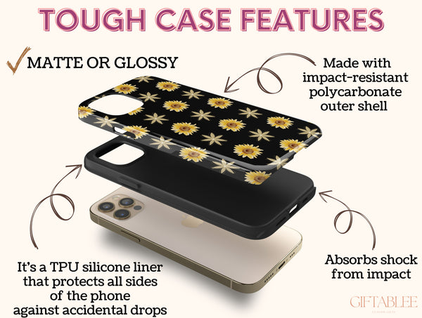 Aesthetic Sunflower Phone Case – Black Floral & Yellow Sunflower Pattern