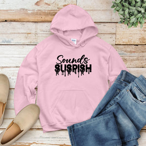 A pink hoodie with the text "Sounds Suspicious" printed on it, along with a pair of blue jeans and beige shoes, all laid out on a wooden surface.