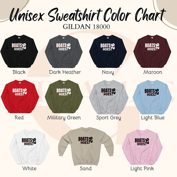 a color chart for a unisex sweatshirt, showing various color options along with the corresponding color name.
