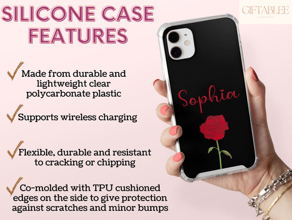 Personalized Rose Phone Case – Custom Name & Single Red Rose on Black
