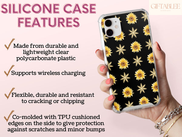 Aesthetic Sunflower Phone Case – Black Floral & Yellow Sunflower Pattern