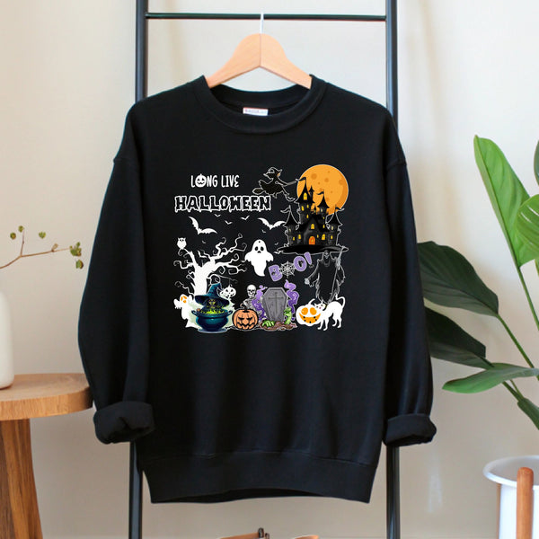 A black sweatshirt with a Halloween-themed graphic design hanging on a wooden hanger.