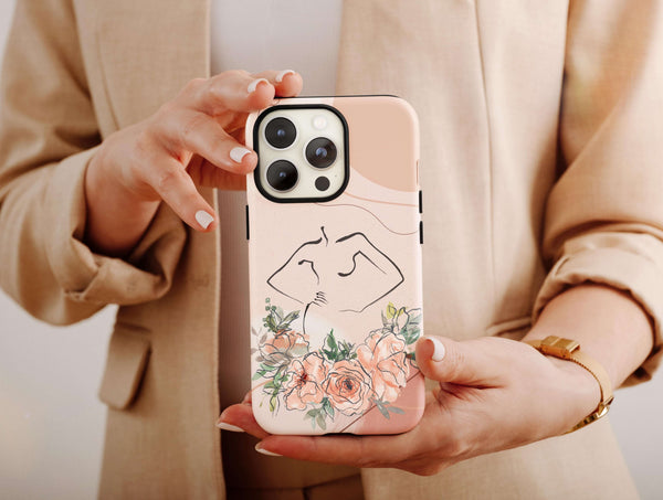 Pink Line Art Phone Case – Elegant Floral Botanical Design