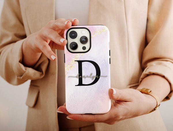 Marble Name Phone Case – Personalized Initial & Gold Accent Design