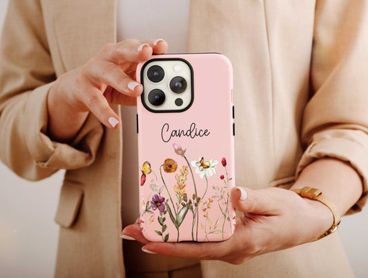 Wildflower Name Phone Case, Custom Name With Background Phone Case For Women Birthday, Aesthetic Phone Case, Floral Phone Case For Her