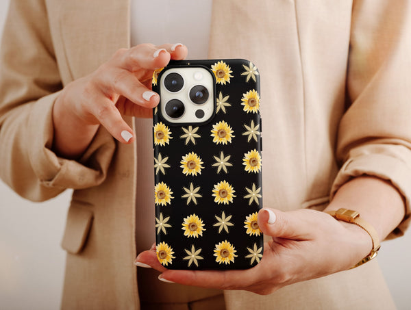 Aesthetic Sunflower Phone Case – Black Floral & Yellow Sunflower Pattern
