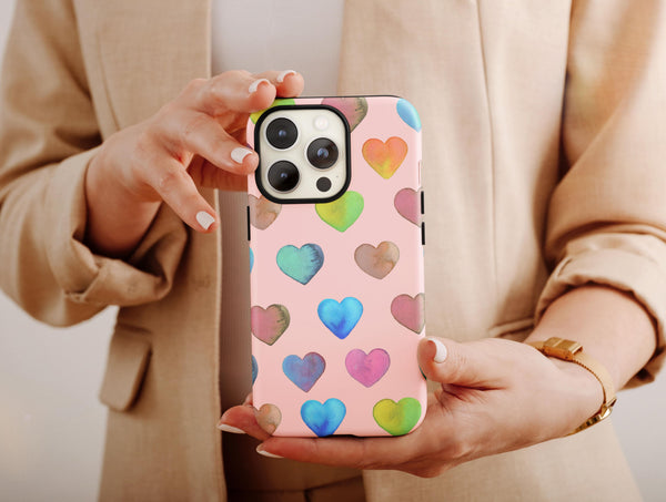 Cute Heart Phone Case – Colorful Watercolor Heart Pattern