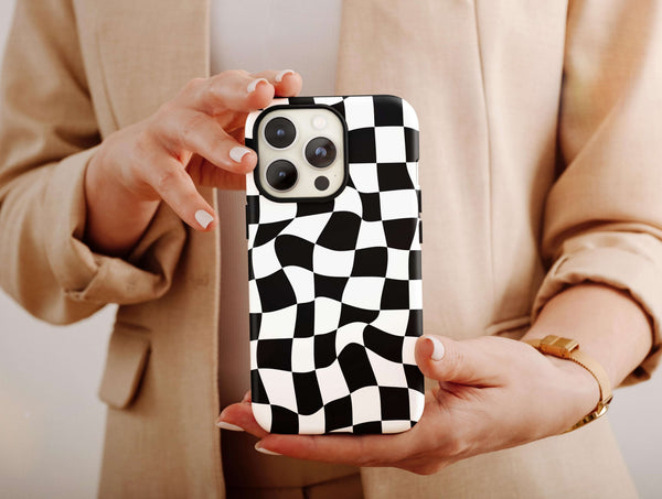 Black And White Checkered Phone Case – Wavy Distorted Checkerboard Design