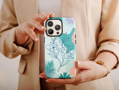 Flower Abstract Phone Case – Blue Botanical Floral Line Art Pastel Design