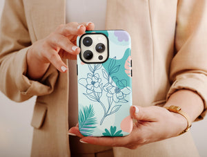 Flower Abstract Phone Case – Blue Botanical Floral Line Art Pastel Design