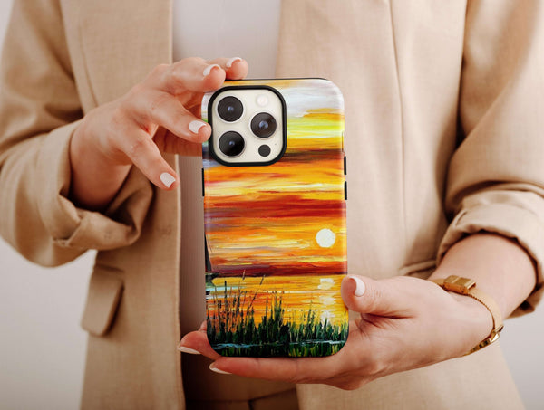 Sunset Painting Print Phone Case – Golden Lake Landscape Art