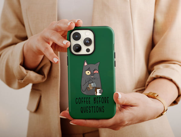 Funny Kawaii Cat Phone Case – Coffee Before Questions