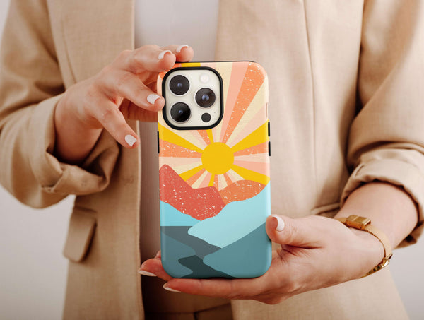 Abstract Retro Sunset Phone Case – Vintage Mountain Adventure