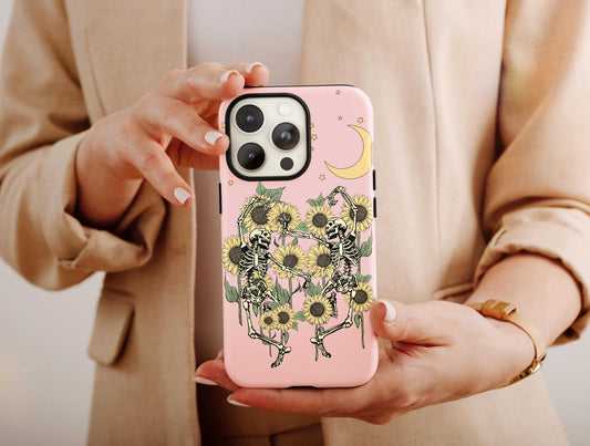 Dancing Skeleton In Sunflower Phone Case, Skeleton Cell Phone Case For Men & Women Birthday, Sunflower Case, Skeleton Lover Case For Him/Her