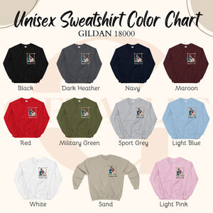 a color chart for a unisex sweatshirt, with various color options available.