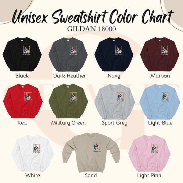 a color chart for a unisex sweatshirt, with various color options available.