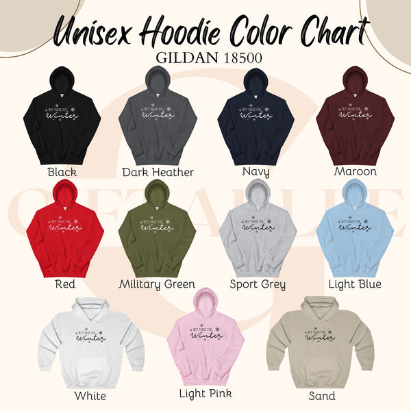 a color chart for unisex hoodies in various colors, including black, dark heather, navy, maroon, red, military green, sport grey, light blue, pink, and sand.