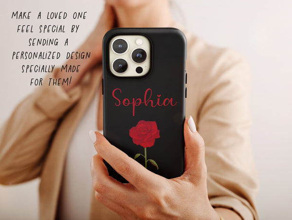 Personalized Rose Phone Case – Custom Name & Single Red Rose on Black