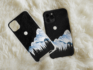Mountain Night Sky Phone Case – Snowy Peaks & Full Moon Landscape