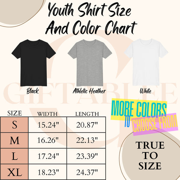 a youth shirt size and color chart, featuring three different t-shirt designs in black, gray, and white. The chart provides the size and color options for each design, allowing customers to choose from a variety of styles.