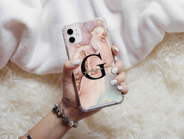 Marble Name Phone Case – Personalized Initial & Gold Accent Design