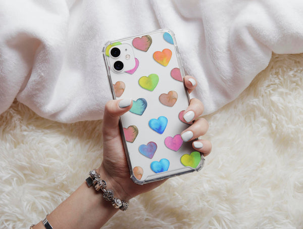 Cute Heart Phone Case – Colorful Watercolor Heart Pattern