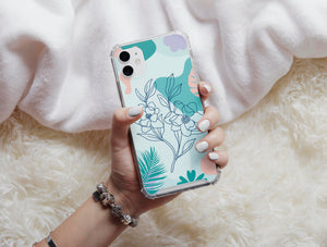 Flower Abstract Phone Case – Blue Botanical Floral Line Art Pastel Design