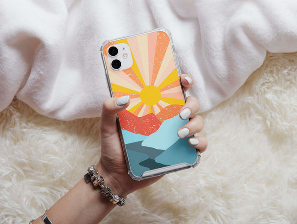 Abstract Retro Sunset Phone Case – Vintage Mountain Adventure