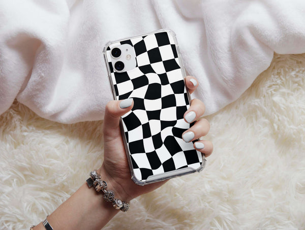Black And White Checkered Phone Case – Wavy Distorted Checkerboard Design