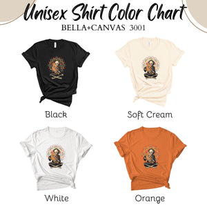 a color chart for a unisex t-shirt, showing the color options for the shirt: Black, Soft Cream, White, and Orange.