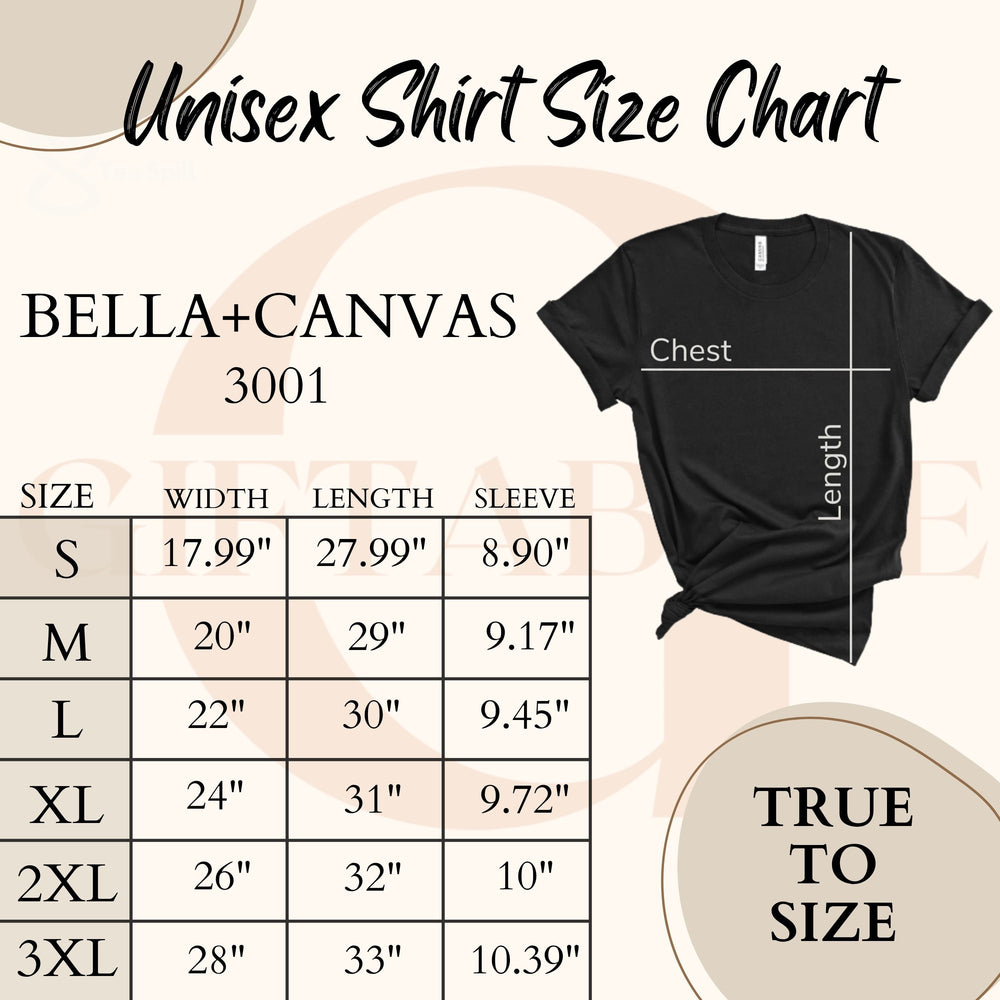 The image is a size chart for a black t-shirt, providing measurements for different sizes.