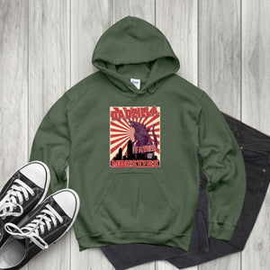 A green hoodie with a graphic design featuring a large image of a dinosaur and the text "DADZILA, FATHER OF MONSTERS" printed on it, along with a red and white sunburst design. The hoodie is placed on a wooden surface, and there are a pair of black and white sneakers visible in the image.