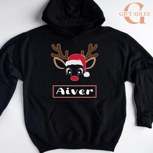 A black hoodie with a graphic of a reindeer wearing a Santa hat and the name "Aiver" printed on it.
