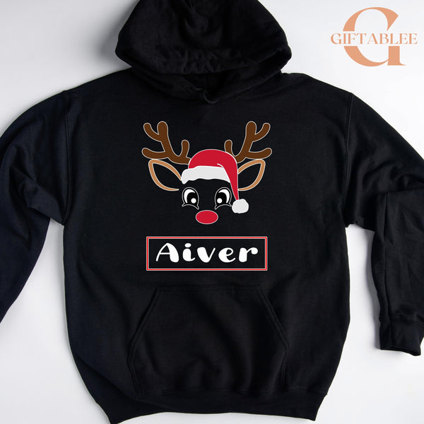 A black hoodie with a graphic of a reindeer wearing a Santa hat and the name "Aiver" printed on it.