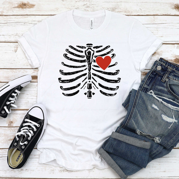 Skeleton Heart Shirt – Distressed Rib Cage Halloween Tee