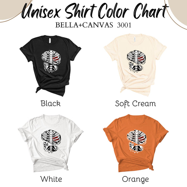 a color chart for a unisex shirt, with four different color options: black, soft cream, white, and orange.