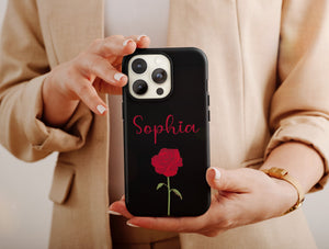 Personalized Rose Phone Case – Custom Name & Single Red Rose on Black