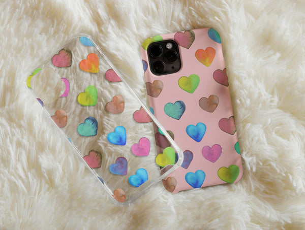Cute Heart Phone Case – Colorful Watercolor Heart Pattern