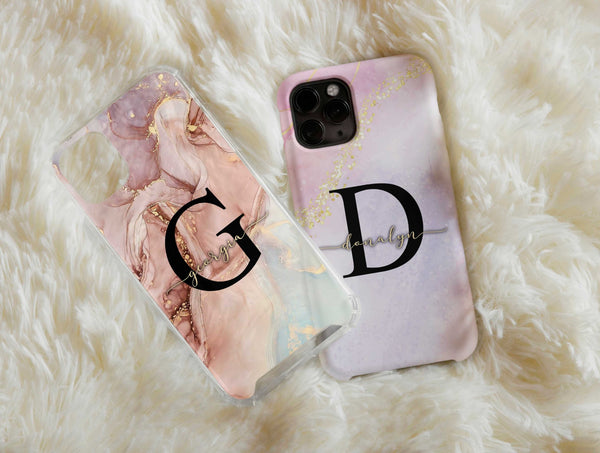 Marble Name Phone Case – Personalized Initial & Gold Accent Design