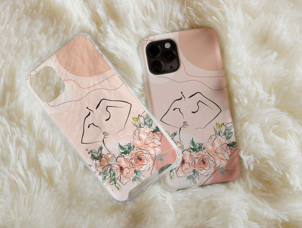 Pink Line Art Phone Case – Elegant Floral Botanical Design